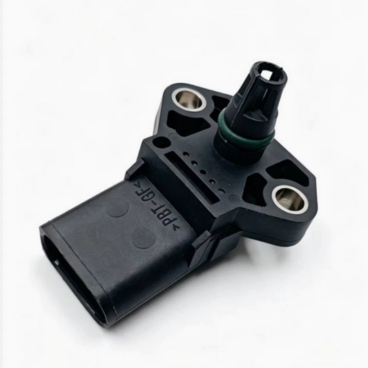Black intake pressure sensor with green connector, mounting holes, and circular metal inserts
