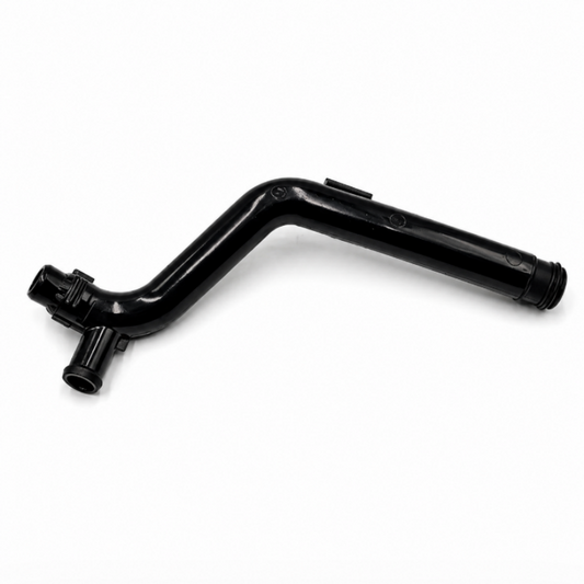 Black coolant hose with multi-angle bend and connector ports