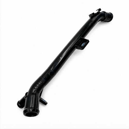 Black rubber coolant hose with molded elbow and mounting clip