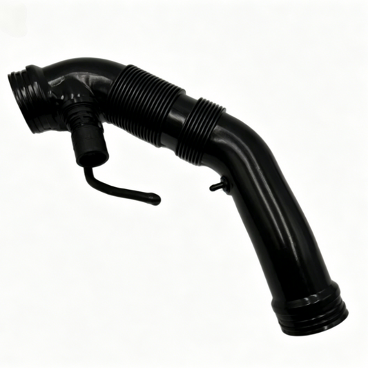 Black air intake hose with ribbed sections, elbow bend, and attached nozzle