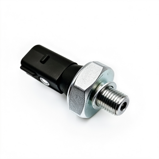 Oil pressure switch with black plastic body and threaded metal sensor, side view