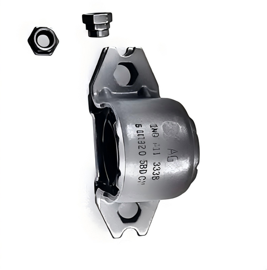 Front stabilizer bar bushing bracket with nuts and bolts, metal housing