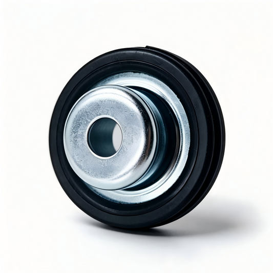 Front shock absorber bump stop with black rubber and silver metal housing