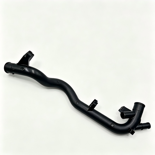 Black coolant hose with molded connectors and clamps, curved pipe
