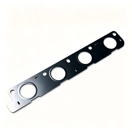 Exhaust manifold gasket metal plate with four circular openings and mounting holes