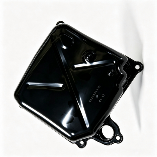 Black engine oil pan with triangular internal baffles and side mounting tabs