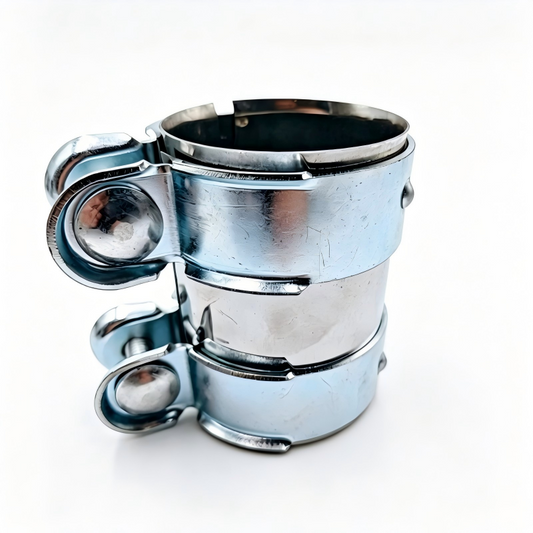 Exhaust pipe clamp band with bolt hardware and circular securing straps