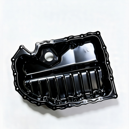 Black engine oil pan with oil opening and ribbed baffle surface