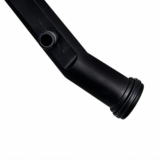 Black coolant hose with ribbed end and circular inlet opening