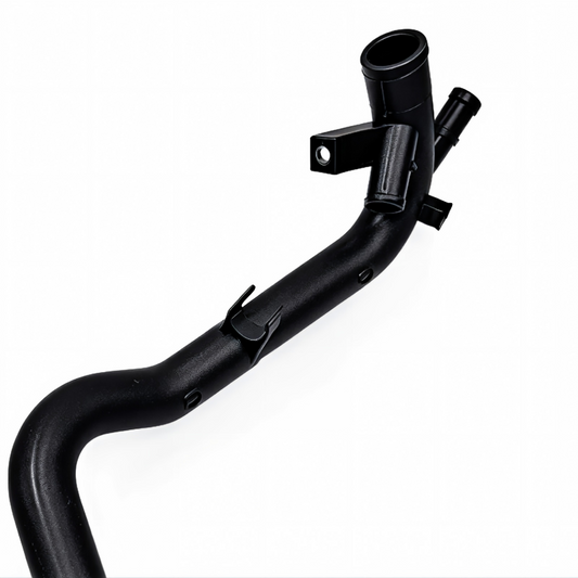 Black coolant hose with mounting bracket and outlet ports, curved