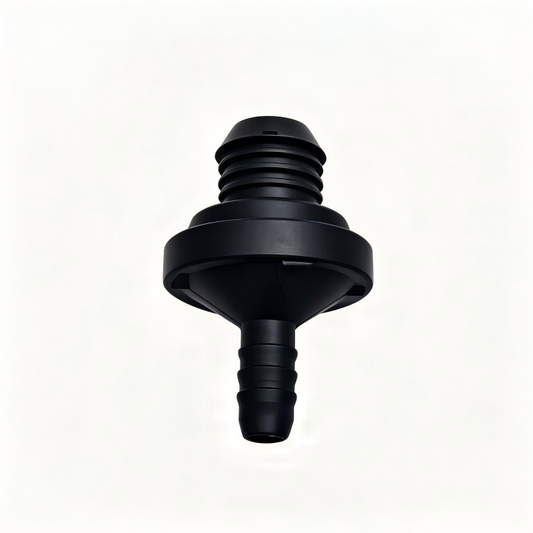 Black vacuum check valve with top ridges and barbed outlet hose connection