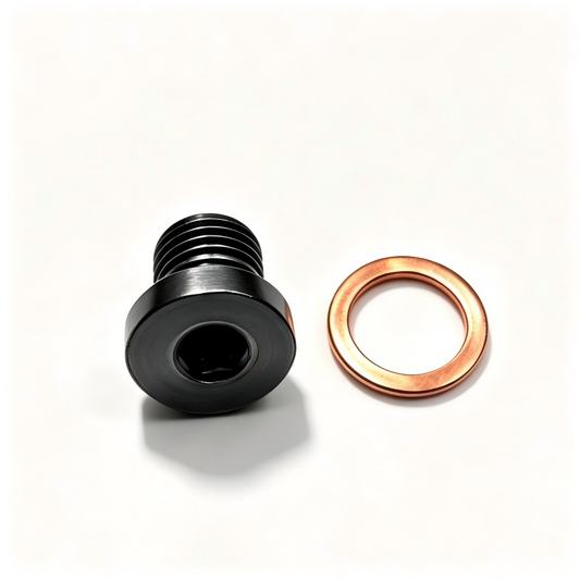 Transmission oil drain plug with copper washer, threaded black steel sump plug