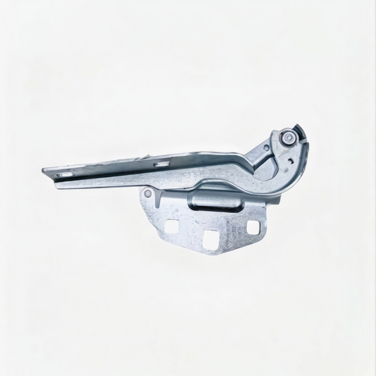 Metal hood hinge assembly with pivot bushing and long lever arm