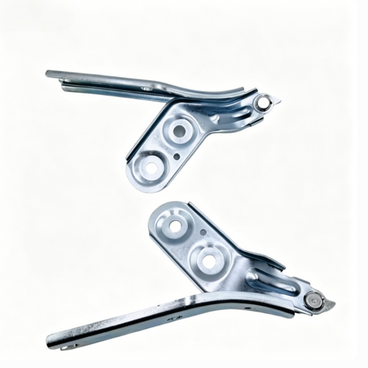 Hood hinge brackets pair, left and right, silver metal with mounting holes