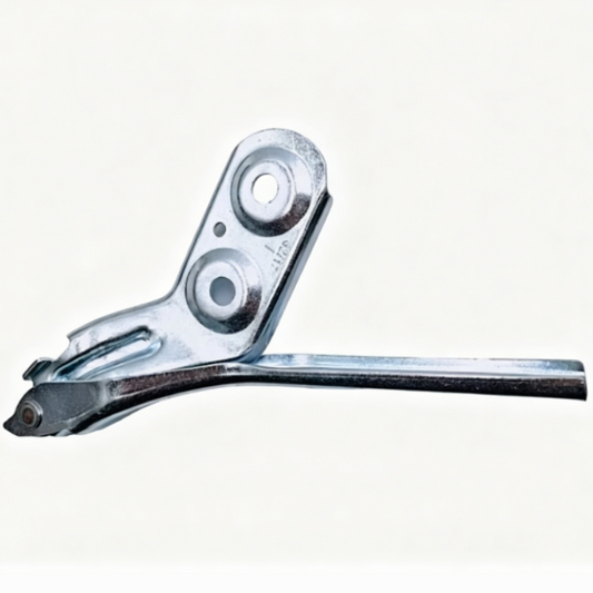 Left hood hinge bracket, silver steel, long arm with two round mounting holes