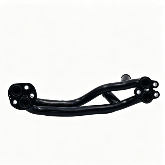 Black coolant hose with two outlet fittings and three mounting connectors