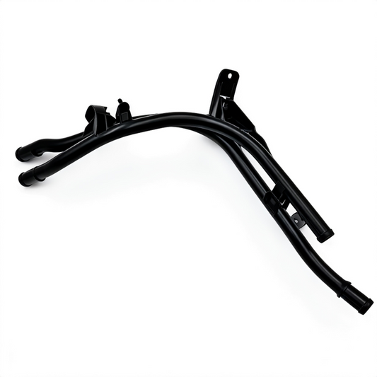 Black engine coolant hose assembly with curved tubes and mounting tabs