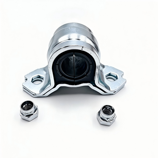 Stabilizer bar bushing bracket with black rubber bushing and two mounting nuts, angled