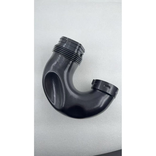 Black plastic air intake duct elbow with ribbed coupler and latch tab