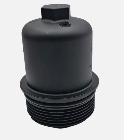 Black transmission filter housing with cap top and ridged threaded section