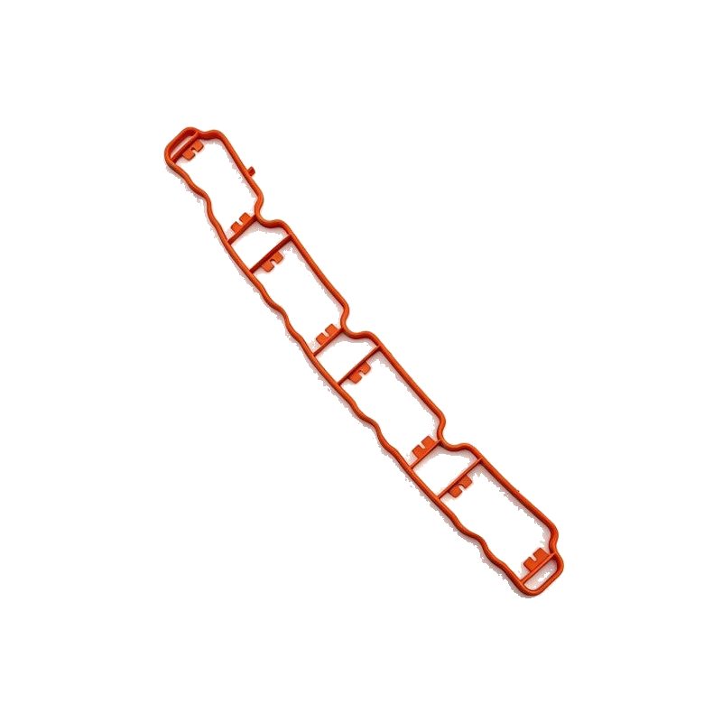 Intake manifold gasket, red outline with several latch openings and ports