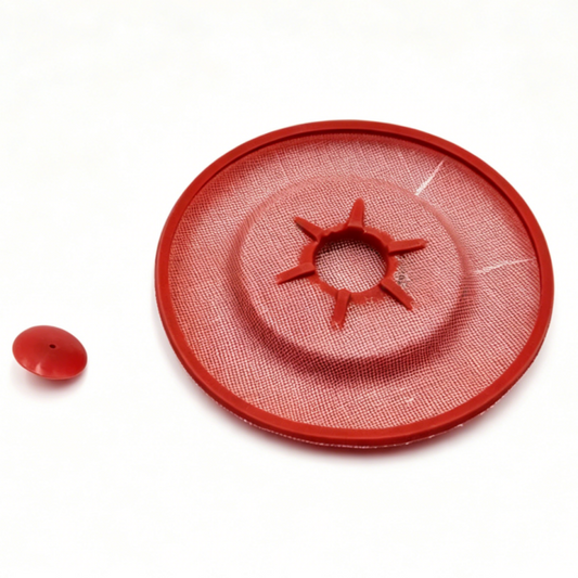 Round red oil separator disc with mesh screen and star-shaped center outlet