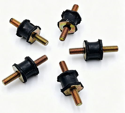Close-up of black rubber secondary air pump mounts with threaded metal studs