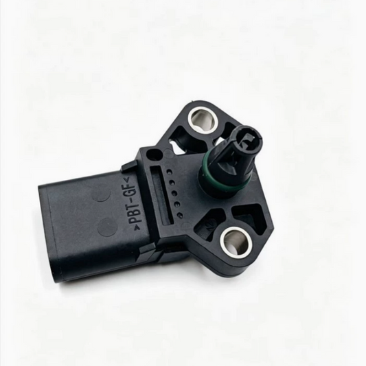 Black intake pressure sensor with green plug and two metal mounting terminals