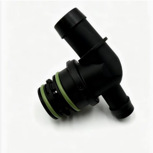 Black plastic engine check valve with green-ring seal and angled hose ports
