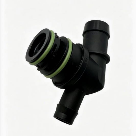 Black plastic check valve with green seal ring and side port outlet