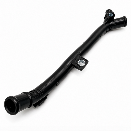 Black rubber coolant hose with metal mounting bracket and angled fitting