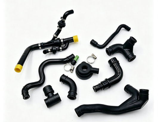 Crankcase breather hose set with black rubber tubes, connectors, and yellow caps
