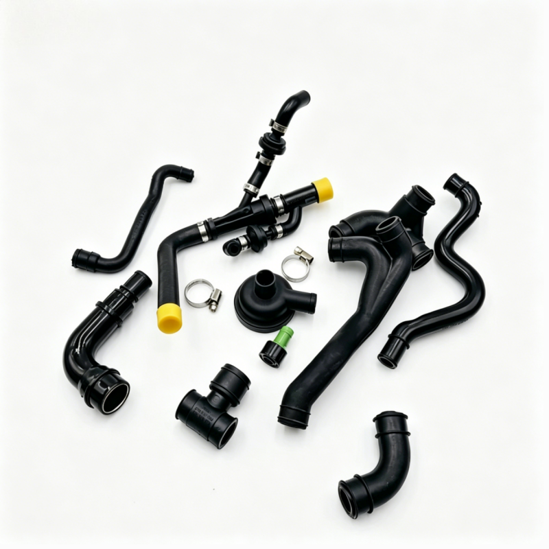 Black crankcase breather hose kit with multiple rubber elbows, fittings, and yellow ends