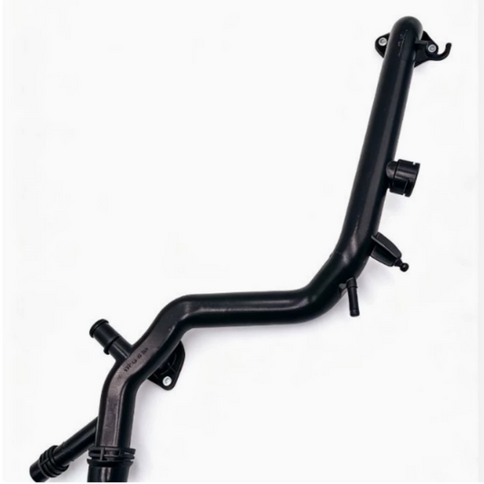 Black coolant hose with side ports and mounting bracket fittings