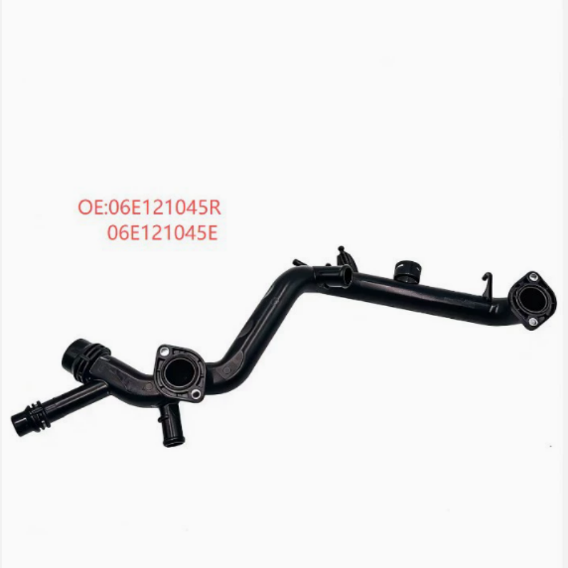 Black coolant hose assembly with multiple ports and mounting flanges