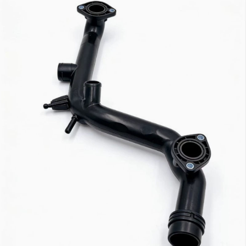 Black coolant hose assembly with flange mounts and angled tubing fittings