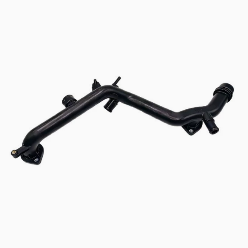 Black coolant hose with multiple curved sections and mounting brackets