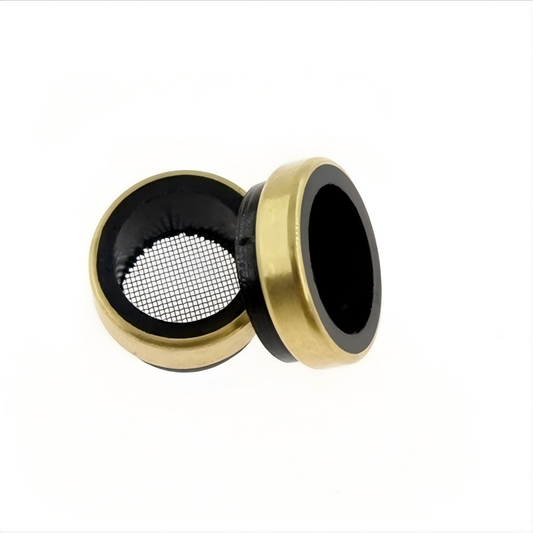 Cylinder head oil screen insert with mesh filter, brass-colored rim and black housing