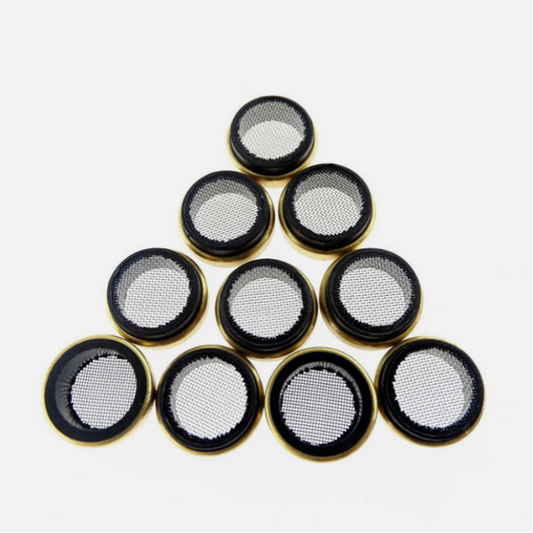 Set of round oil screen inserts with fine mesh and black-and-gold rims