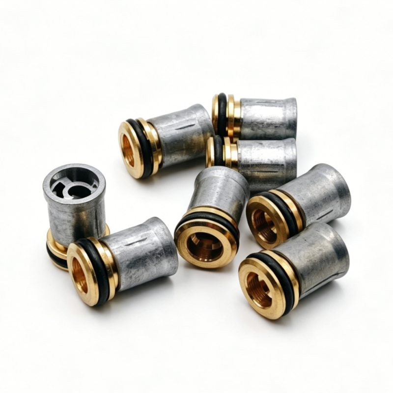 Engine check valve set with gray metal bodies and brass threaded ends, 4 pieces.
