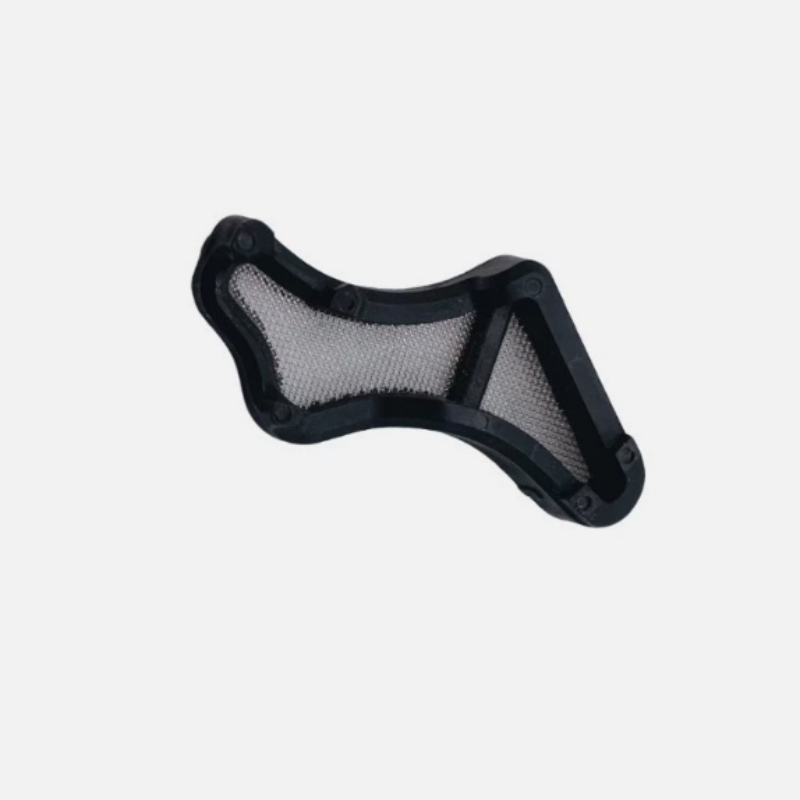 Oil pump pickup screen with black housing and gray mesh filter panel