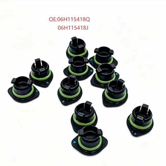 Valve cover plug set with black caps and green sealing rings, multiple pieces