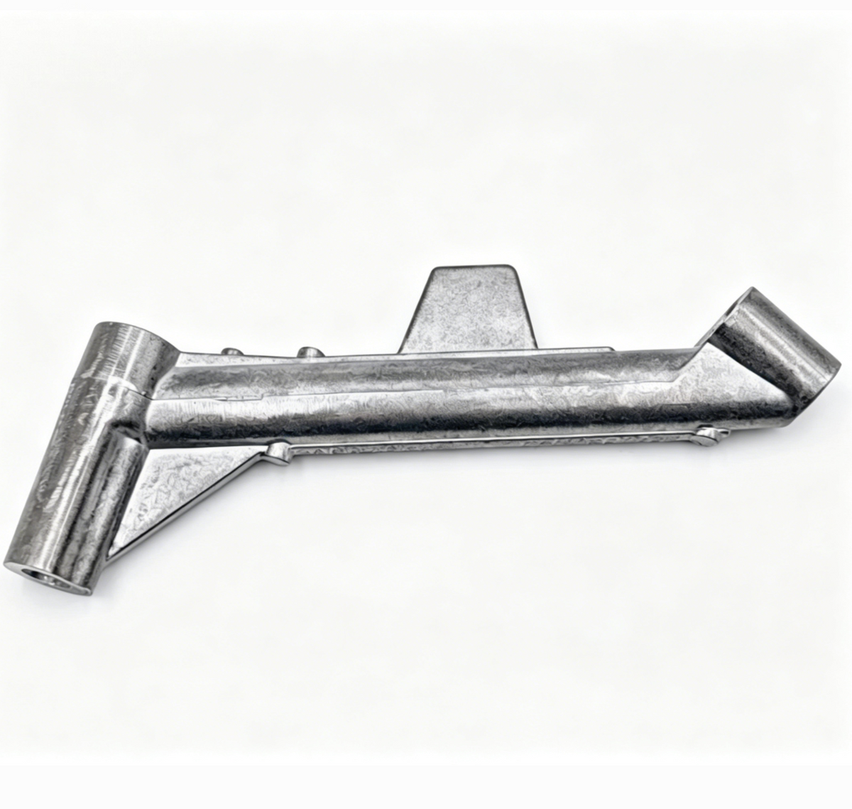 Intake manifold bracket, silver metal support with mounting tab and curved plates