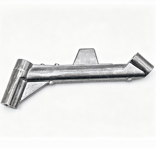Intake manifold bracket, silver metal support with mounting tab and curved plates
