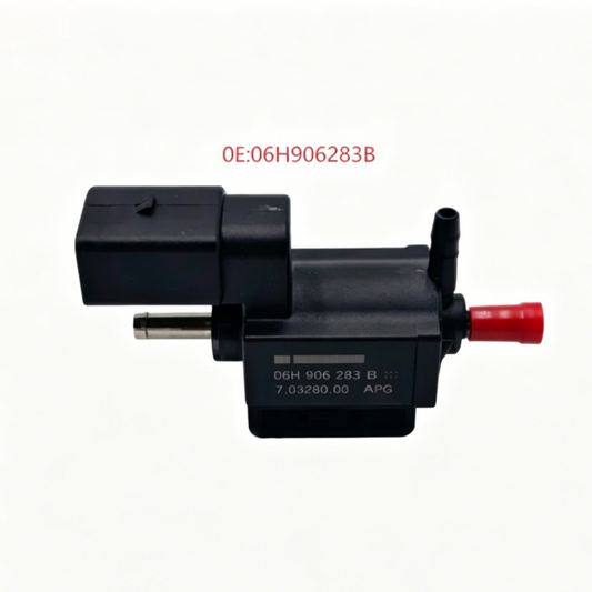 Black intake manifold solenoid valve with red cap, side port, and printed part number