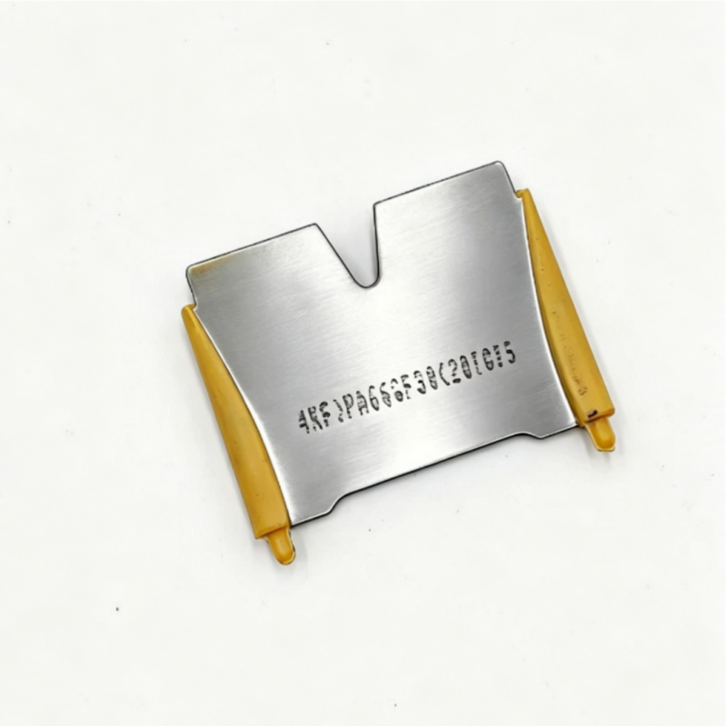 Cylinder head baffle plate, silver metal with yellow end tabs