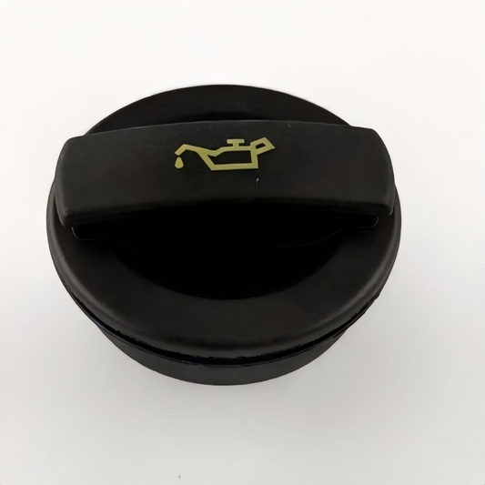 Black engine oil filler cap with yellow oil-can icon on top