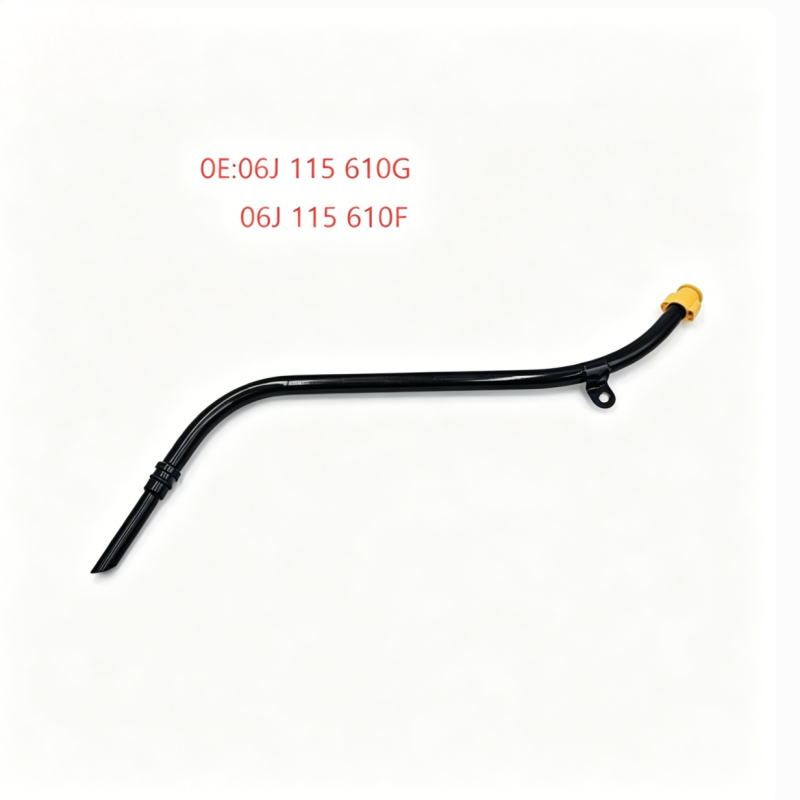 Engine oil dipstick guide tube, black L-shaped tube with yellow cap and clip