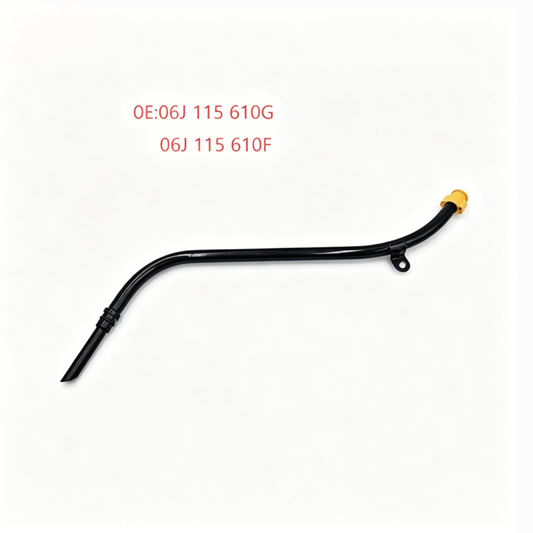 Engine oil dipstick guide tube, black L-shaped tube with yellow cap and clip