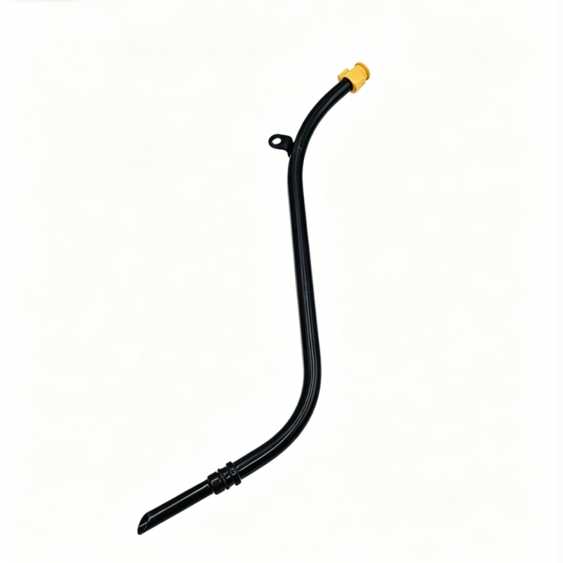 Engine oil dipstick guide tube, black U-shaped tube with yellow top cap and side hole